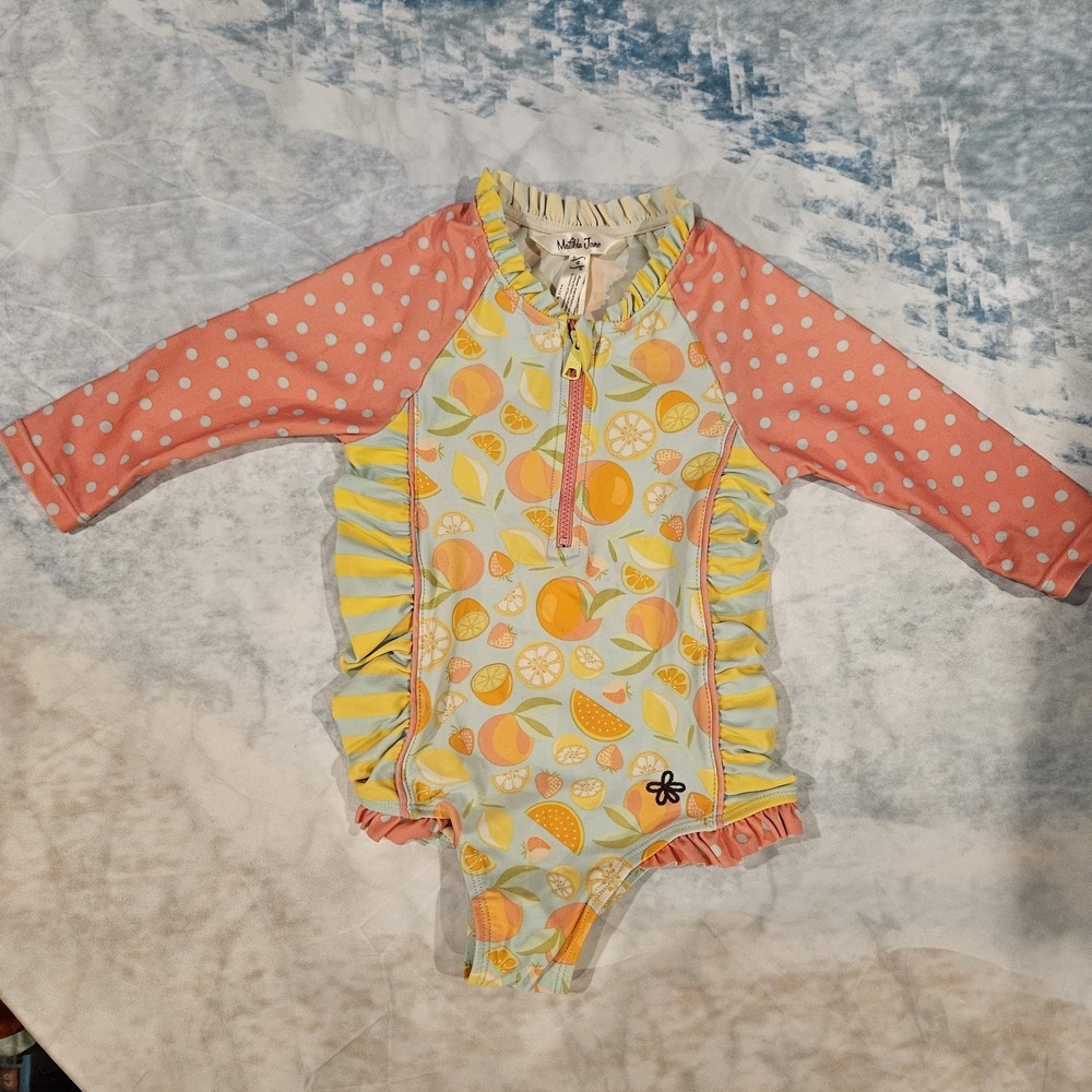 Matilda Jane Girls Rash Guard Swimsuit Size 4 Citrus Print Long Sleeve EUC